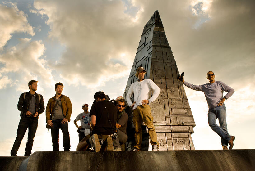 Jack Reynor, Mark Wahlberg and director Michael Bay on the set of "Transformers: Age of Extinction."