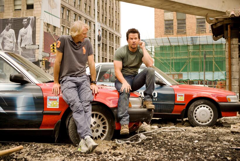 Director Michael Bay and Mark Wahlberg on the set of "Transformers: Age of Extinction."