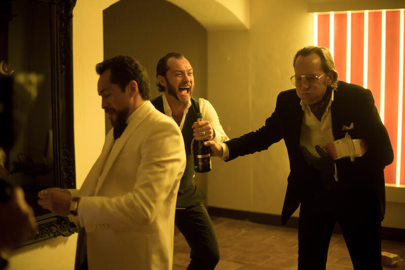 Demian Bichir as Mr. Fontaine, Jude Law as Dom Hemingway and Richard E. Grant as Dickie in "Dom Hemingway."