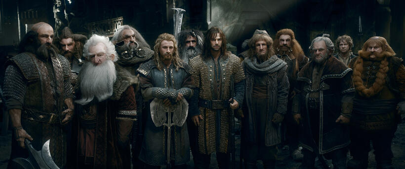 Graham Mctavish as Dwalin, Jed Brophy as Nori, Ken Stott as Balin, John Callen as Oin, Dean O'Gorman as Fili, William Kircher as Bifur, Aidan Turner as Kili, Adam Brown as Ori, Peter Hambleton as Gloin, Mark Hadlow as Dori, Martin Freeman as Bilbo and Stephen Hunter as Bombur in "The Hobbit: The Battle of the Five Armies."