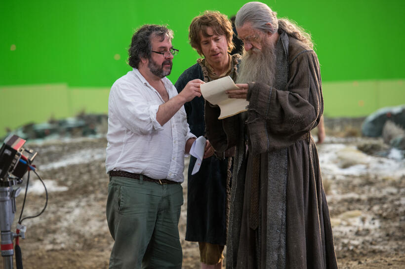 Director Peter Jackson, Martin Freeman and Ian Mckellen on the set of "The Hobbit: The Battle of the Five Armies."