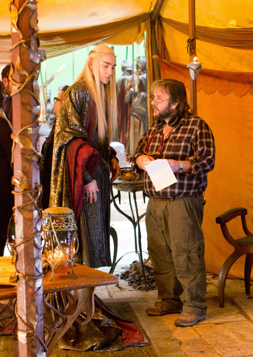 Lee Pace and director Peter Jackson on the set of "The Hobbit: The Battle of the Five Armies."