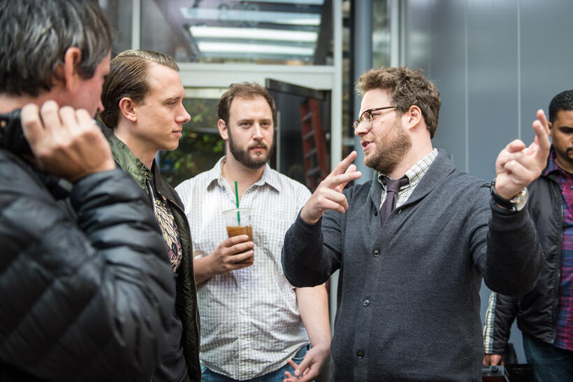 Jonathan Watson, Brandon Trost, Evan Goldberg and Seth Rogen on the set of "The Interview."