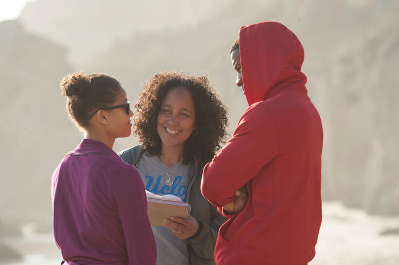 Gugu Mbatha-Raw, director Gina Prince-Bythewood and Nate Parker on the set of "Beyond The Lights."