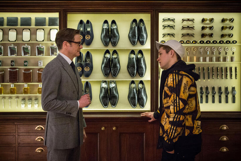 Colin Firth as Harry Hart and Taron Egerton as Eggsy in "Kingsman: The Secret Service."