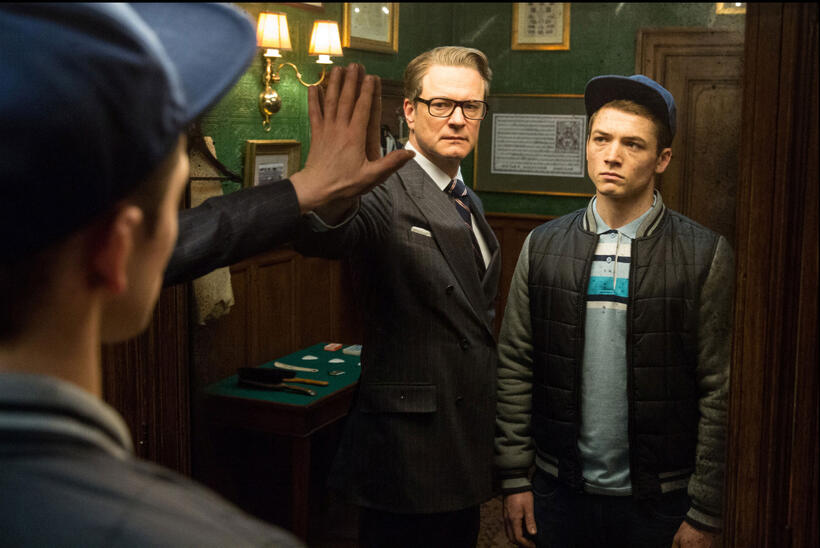 Colin Firth as Harry Hart and Taron Egerton as Eggsy in "Kingsman: The Secret Service."