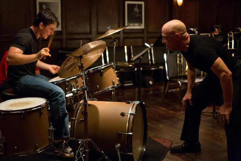 Miles Teller as Andrew and J.K. Simmons as Fletcher in "Whiplash."