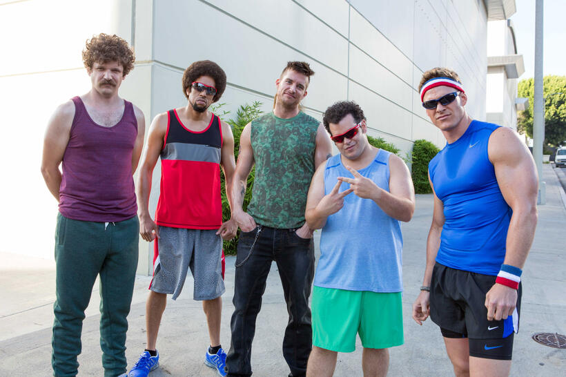 Dan Gill as Bronstein, Affion Crockett as Reggie, Colin Kane as Fitzgibbons, Josh Gad as Doug Harris and Alan Ritchson as Kip in "The Wedding Ringer."