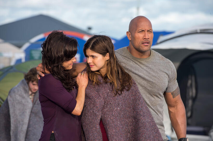 Carla Gugino as Emma, Alexandra Daddario as Blake and Dwayne Johnson as Ray in "San Andreas."