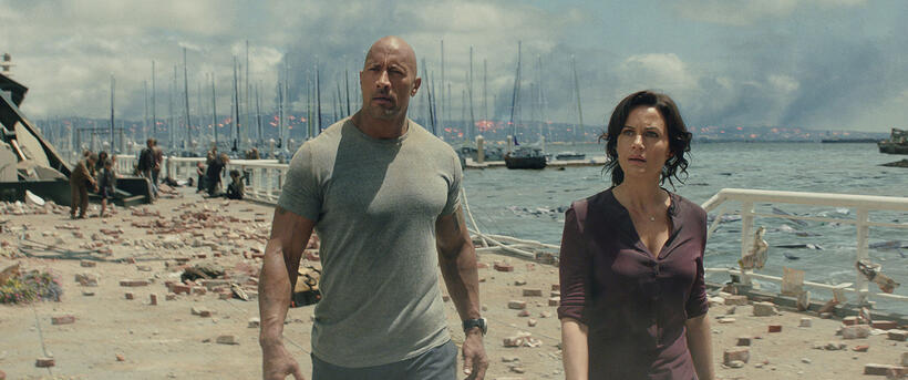 Dwayne Johnson as Ray and Carla Gugino as Emma in "San Andreas."