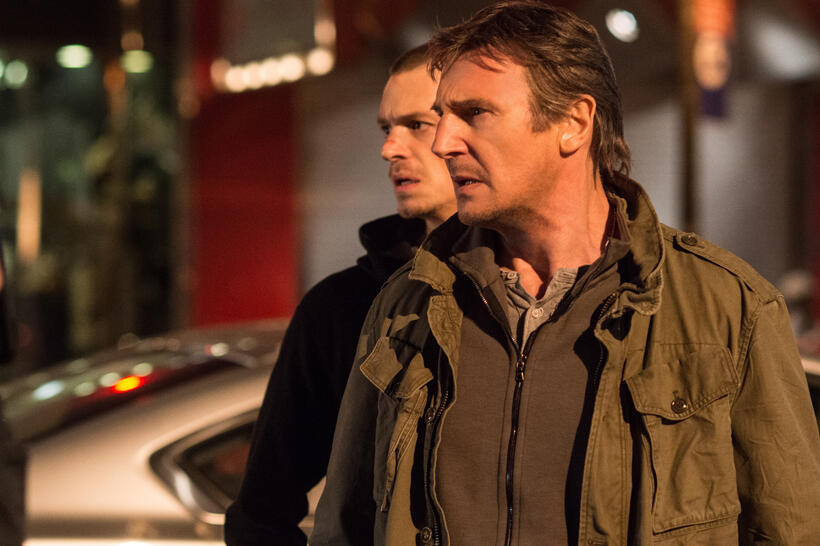 Joel Kinnaman as Mike Conlon and Liam Neeson as Jimmy Conlon in "Run All Night."