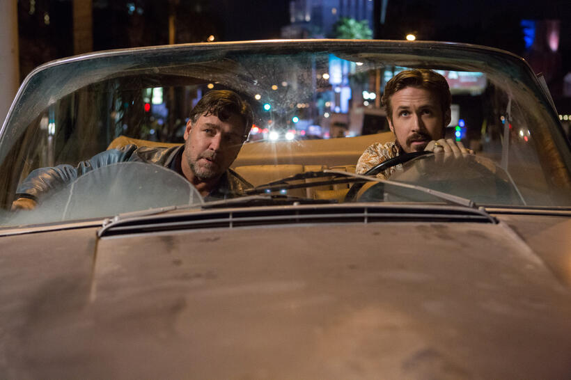 Ryan Gosling as Holland March and Russell Crowe as Jackson Healy in "The Nice Guys."