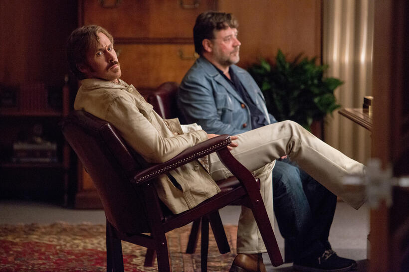 Ryan Gosling as Holland March and Russell Crowe as Jackson Healy in "The Nice Guys."