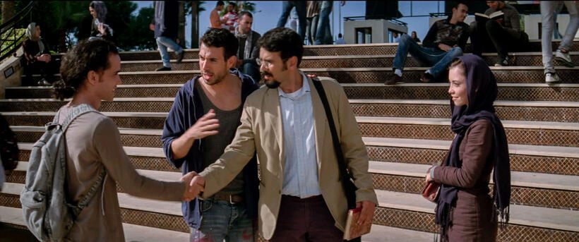 Reece Ritchie as Afshin, Tom Cullen as Ardi, Bamshad Abedi-Amin as Mehran and Marama Corlett as Mona in "Desert Dancer."