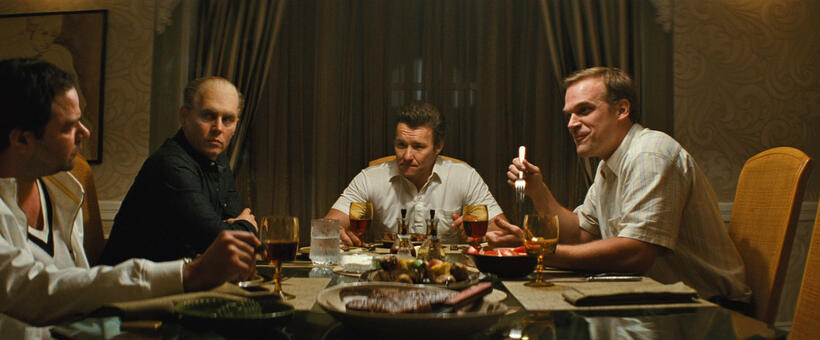 Rory Cochrane as Stephen Flemmi, Johnny Depp as Whitey Bulger, Joel Edgerton as John Connolly and David Harbour as John Morris in "Black Mass."
