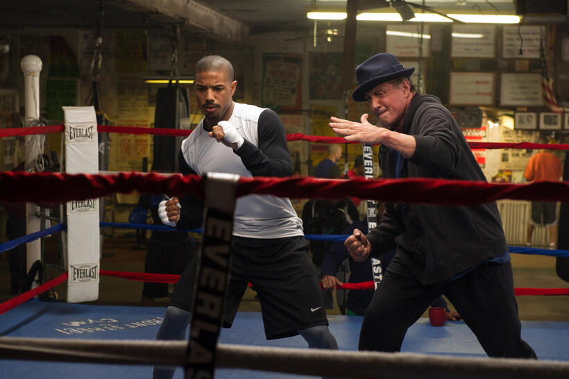 Michael B. Jordan as Adonis Johnson and Sylvester Stallone as Rocky Balboa in "Creed."