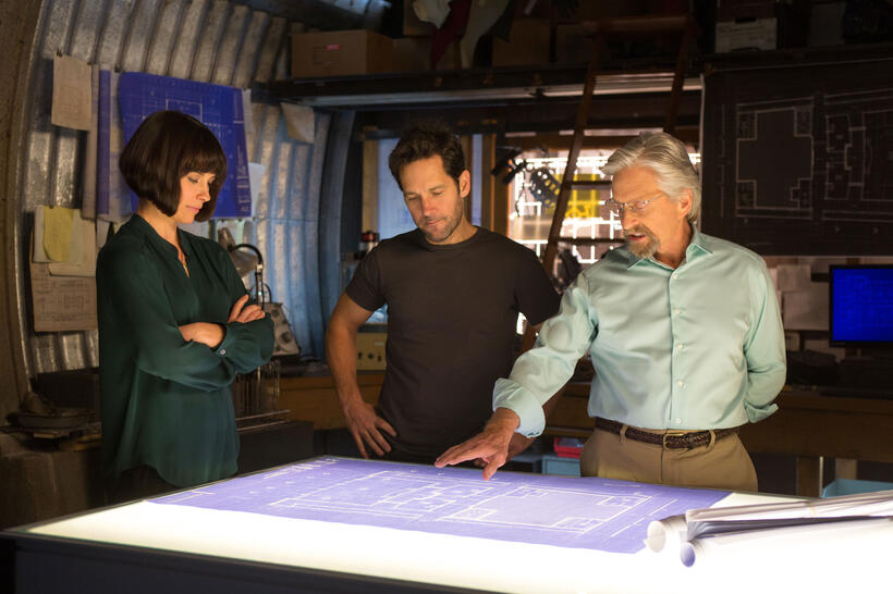 Evangeline Lilly as Hope Van Dyne, Paul Rudd as Scott Lang/Ant-Man and Michael Douglas as Hank Pym in "Ant-Man."