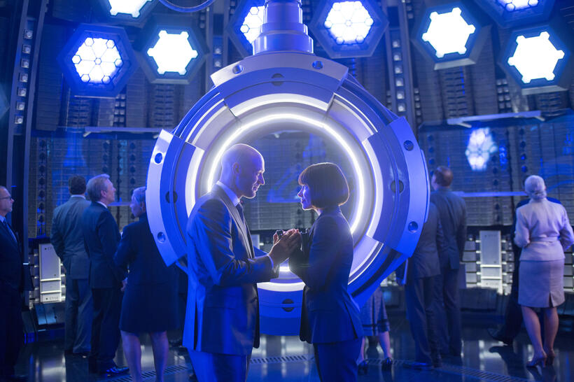 Corey Stoll as Darren Cross and Evangeline Lilly as Hope Van Dyne in "Ant-Man."