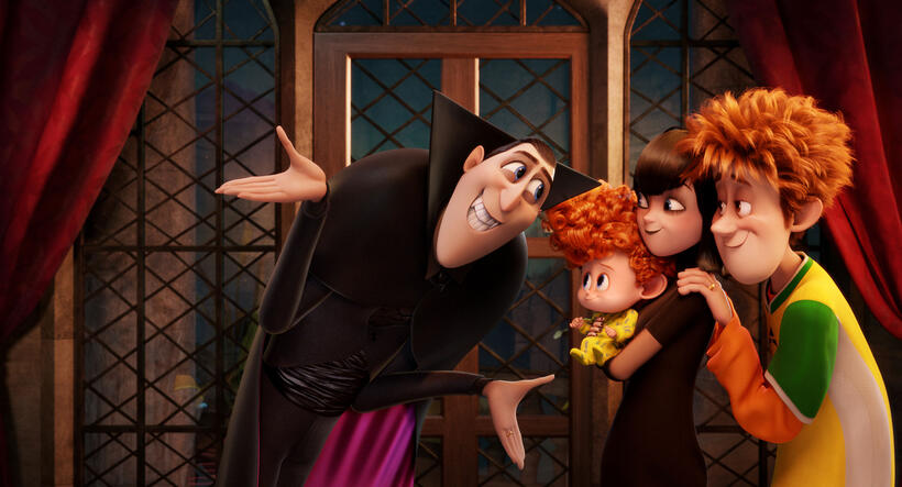 Adam Sandler voices Dracula, Asher Blinkoff voices Dennis, Selena Gomez voices Mavis and Andy Samberg voices Jonathan in "Hotel Transylvania 2."