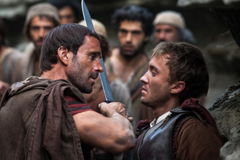 Joseph Fiennes as Clavius and Tom Felton as Lucius in "Risen."