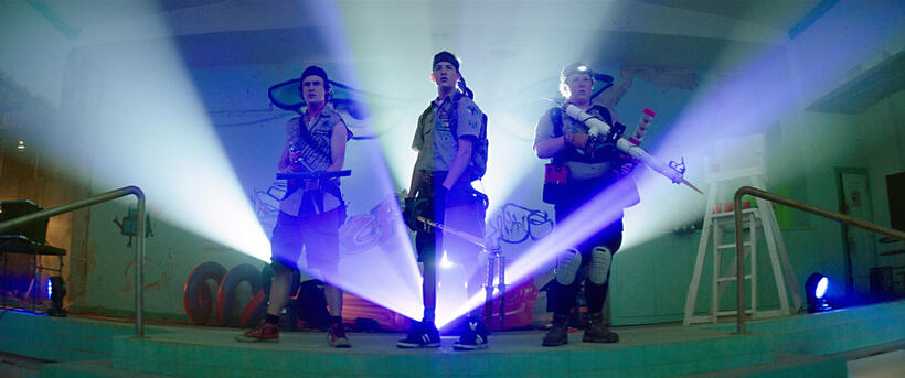Logan Miller as Carter, Tye Sheridan as Ben and Joey Morgan as Augie in "Scouts Guide To The Zombie Apocalypse."