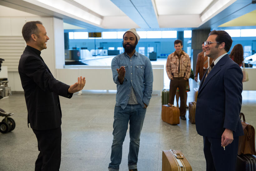 Peter Sarsgaard, Bradford Young and Michael Stuhlbarg on the set of "Pawn Sacrifice."