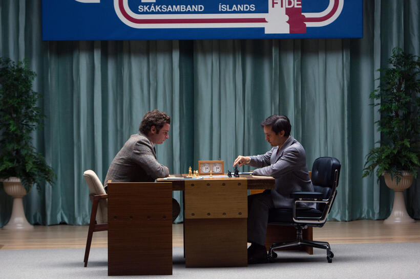 Liev Schreiber as Boris Spassky and Tobey Maguire as Bobby Fischer in "Pawn Sacrifice."