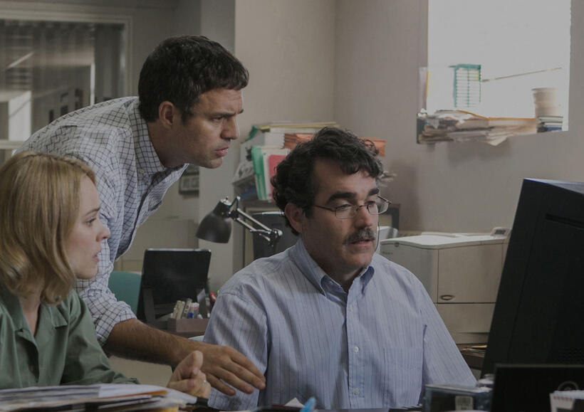 Rachel McAdams as Sacha Pfeiffer, Mark Ruffalo as Mike Rezendes and Brian d'Arcy James as Matt Carroll in "Spotlight."