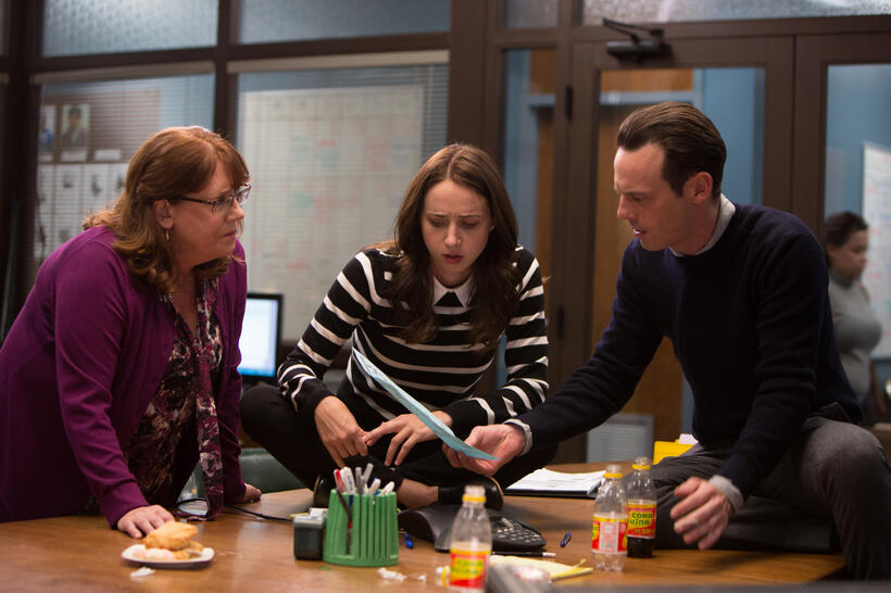 Ann Dowd as Nell, Zoe Kazan as Leblanc and Scoot Mcnairy as Buckley in "Our Brand Is Crisis."