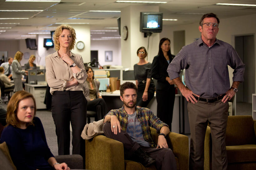 Elisabeth Moss as Lucy Scott, Cate Blanchett as Mary Mapes, Topher Grace as Mike Smith and Dennis Quaid as Lt. Colonel Roger Charles in "Truth."