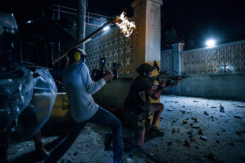 Director Michael Bay and Pablo Schreiber on the set of "13 Hours: The Secret Soldiers of Benghazi."