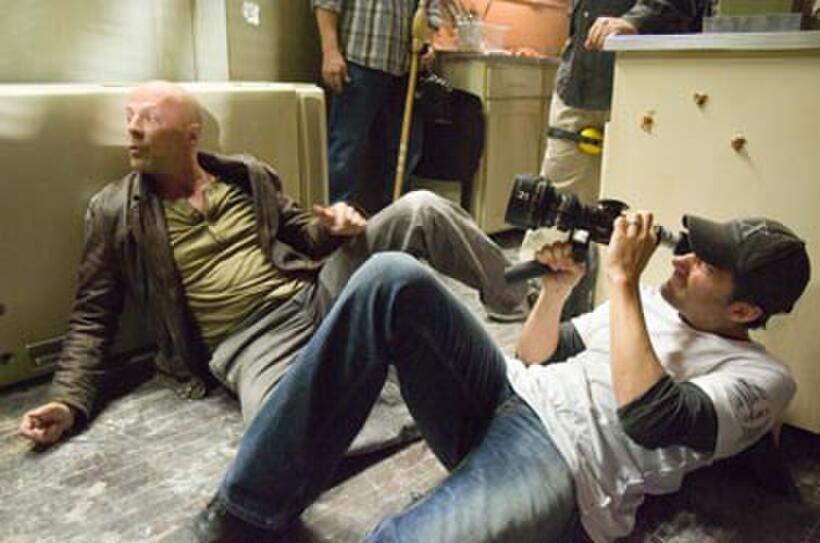 Bruce Willis and director Len Wiseman on the set of "Live Free or Die Hard."