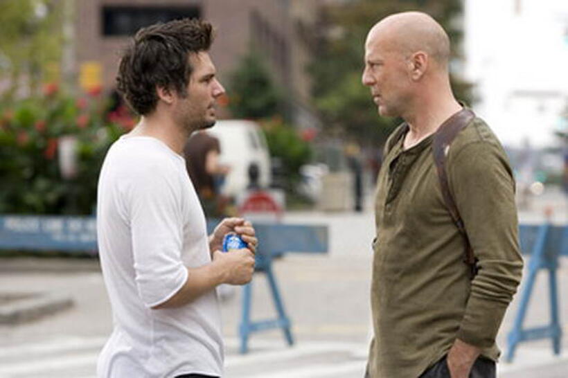 Director Len Wiseman and Bruce Willis on the set of "Live Free or Die Hard."