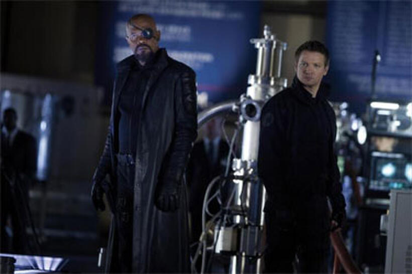 Samuel L. Jackson as Nick Fury and Jeremy Renner as Hawkeye in "The Avengers."