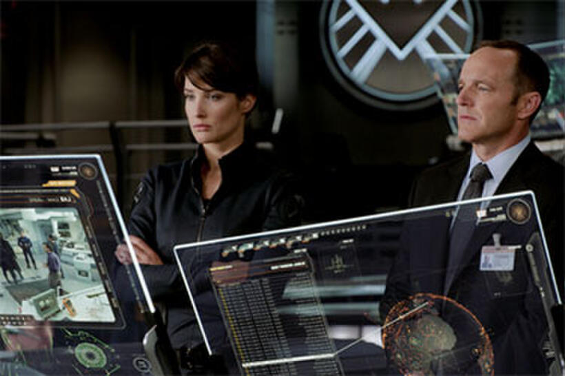 Cobie Smulders as Agent Maria Hill and Clark Gregg as Agent Phil Coulson in "The Avengers."
