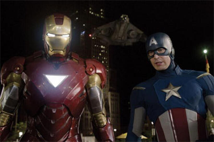 Robert Downey Jr. as Iron Man and Chris Evans as Captain America in "The Avengers."