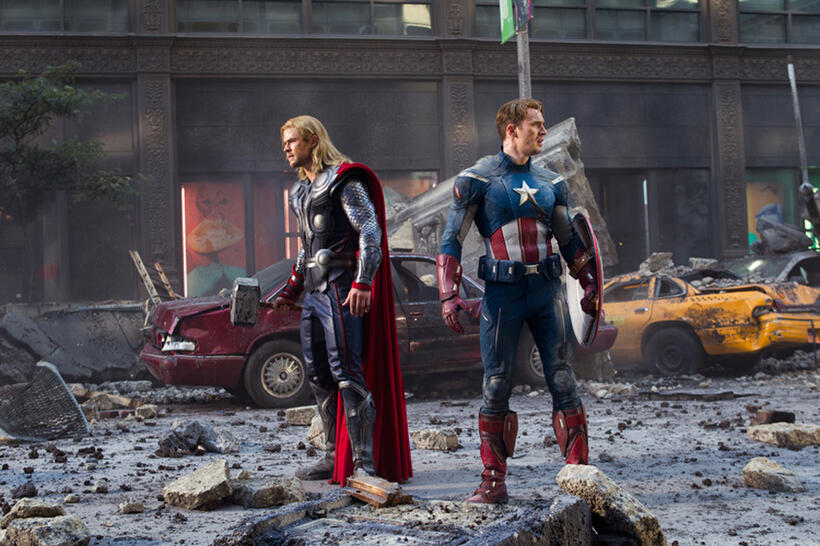 Chris Hemsworth as Thor and Chris Evans as Captain America in "Marvel's The Avengers."