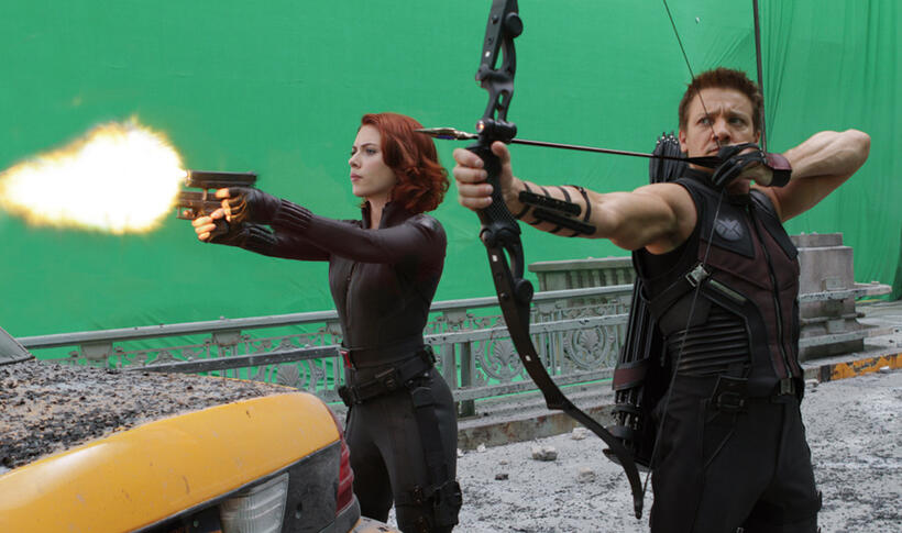Scarlett Johansson as Black Widow and Jeremy Renner as Hawkeye in "The Avengers."