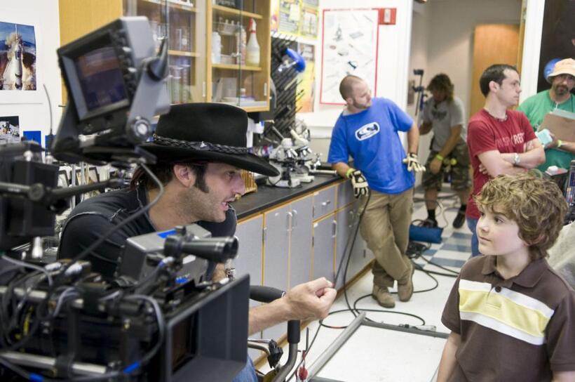 Director Robert Rodriguez and Trevor Gagnon on the set of "Shorts."