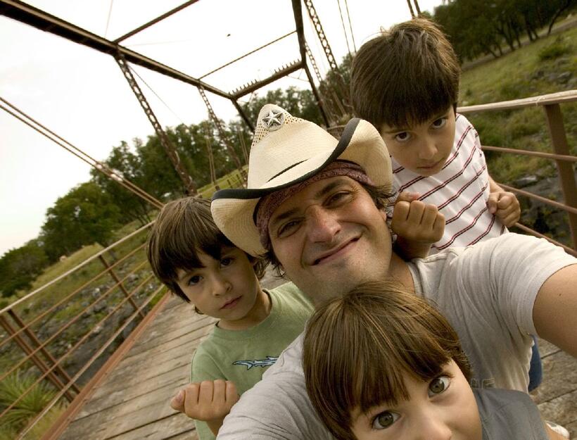 Director Robert Rodriguez, Racer Rodriguez, Rebel Rodriguez and Rocket Rodriguez on the set of "Shorts."