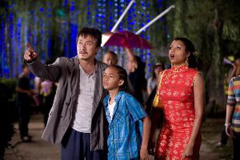 Jackie Chan as Mr. Han, Jaden Smith as Dre Parker and Taraji P. Henson as Sherry in "The Karate Kid (2010)."