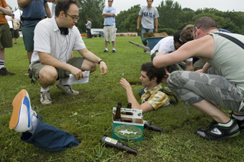 Director David Wain and Adam Brody on the set of "The Ten."
