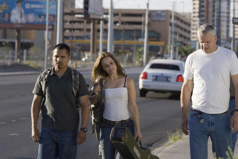 Michael Pena as TK, Rachel McAdams as Colee and Tim Robbins as Cheaver in "The Lucky Ones."