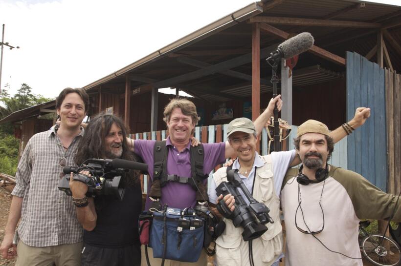 Michael Bonfiglio, Pocho Alvarez, Edward L. O'Connor, Juan Diego Perez and Joe Berlinger on the set of "Crude."