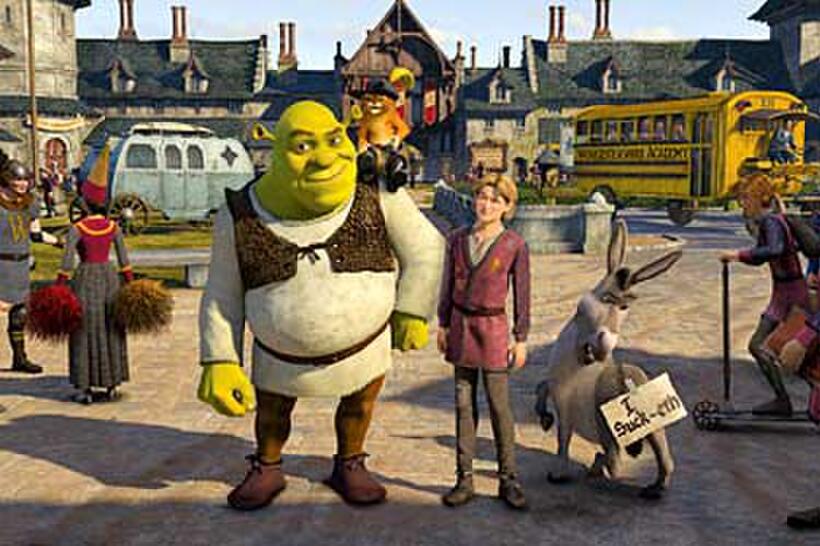 Shrek (Mike Myers), Puss In Boots (Antonio Banderas), Artie (Justin Timberlake) and Donkey (Eddie Murphy) in "Shrek the Third."