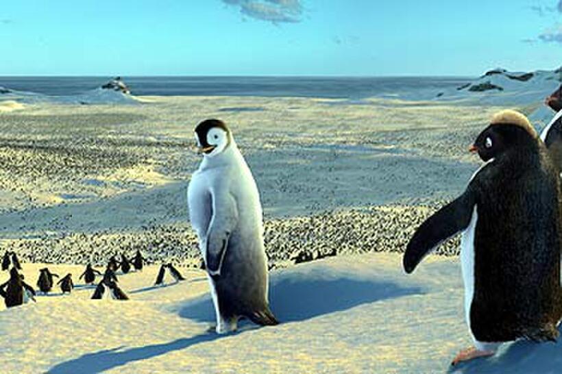 The Amigos help Mumble (voice of Elijah Wood) hatch a plan to win the heart of Gloria in "Happy Feet."