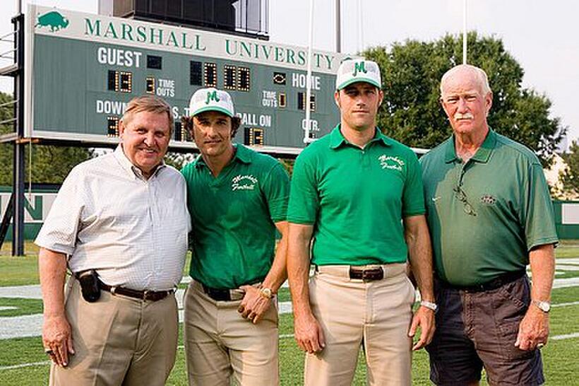 Matthew McConaughey and Matthew Fox with their real-life counterparts, Jack Lengyel and Red Dawson, for the film "We Are Marshall."