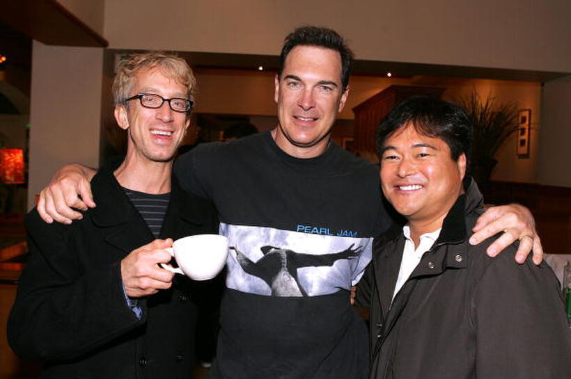 Actors Andy Dick and Patrick Warburton pose with Ken Katsumoto at the L.A. premiere afterparty.