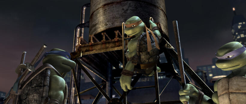 The Turtles start the night with some rooftop training. Leonardo is going to teach them what he's learned in "Teenage Mutant Ninja Turtles."