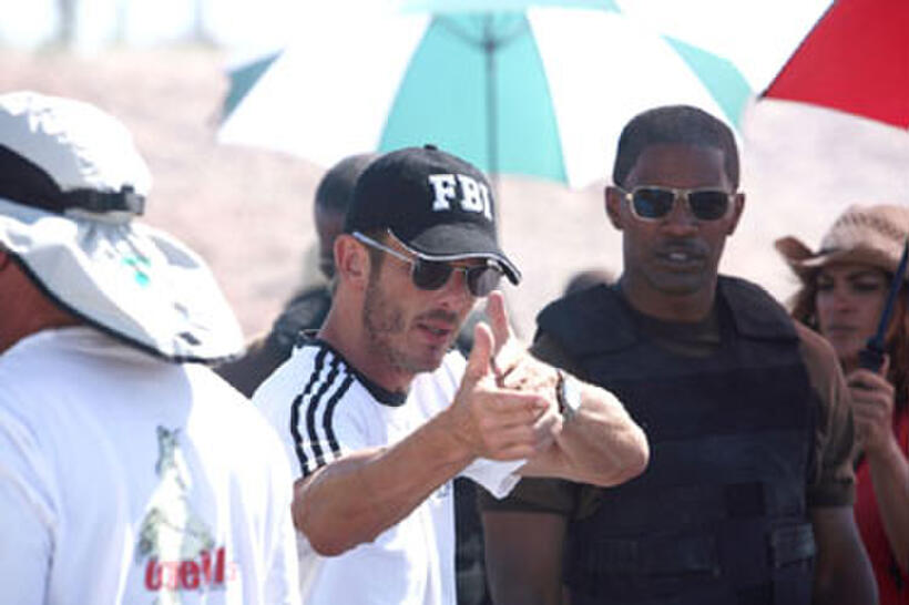 Director Peter Berg and Jamie Foxx on the set of "The Kingdom."